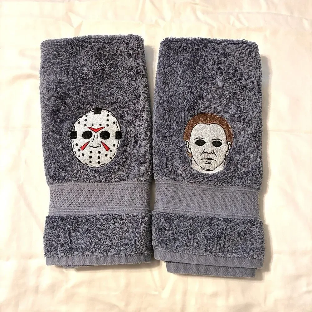 Jason Mask Michael Meyers Set of Hand Towels Embroidered Halloween Decor